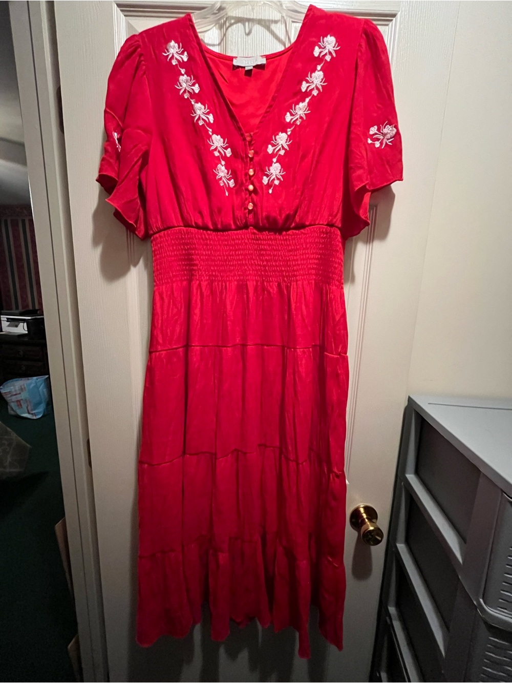 J Gee Embroidered Red Maxi Dress with Smocked Waist and Flutter Sleeves PXL
